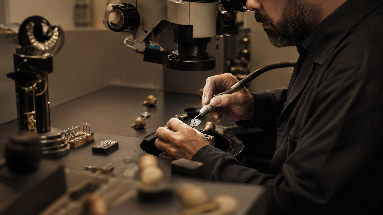 Diamond setter working by hand at a microscope in the Antwerp atelier